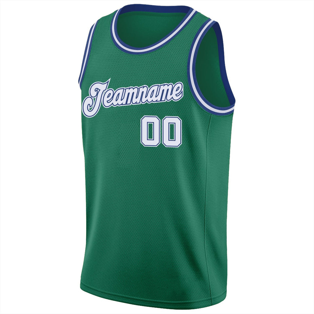 Custom Kelly Green White-Royal Round Neck Rib-Knit Basketball Jersey photo 5