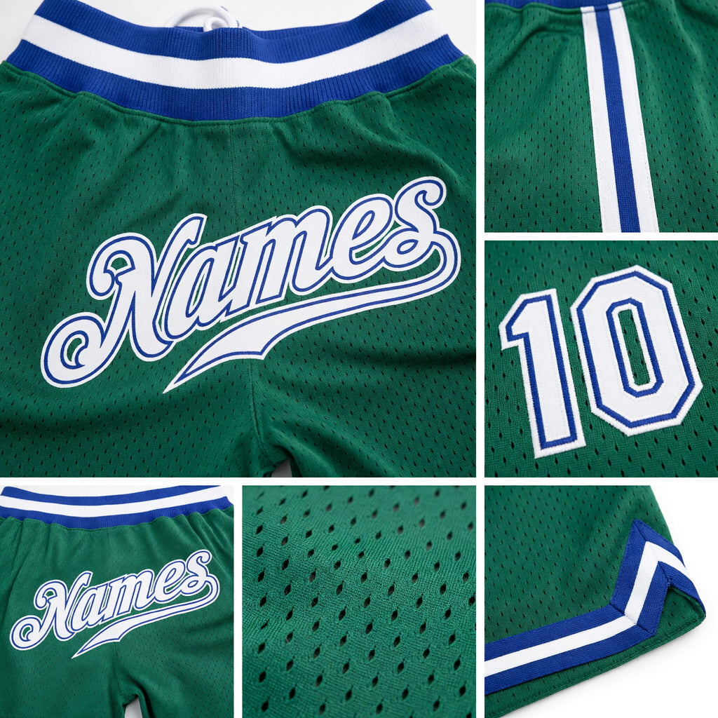 Custom Kelly Green White-Royal Authentic Throwback Basketball Shorts detail