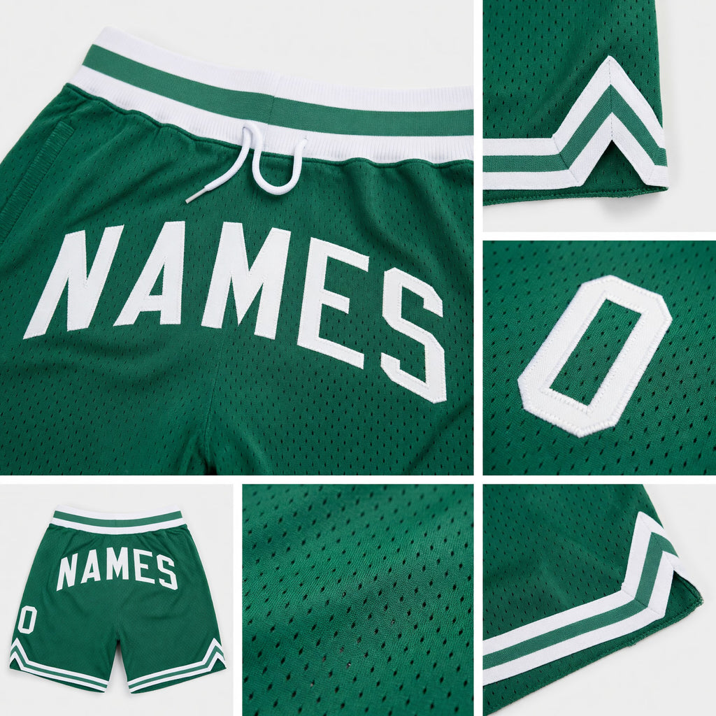 Custom Kelly Green White Authentic Throwback Basketball Shorts detail