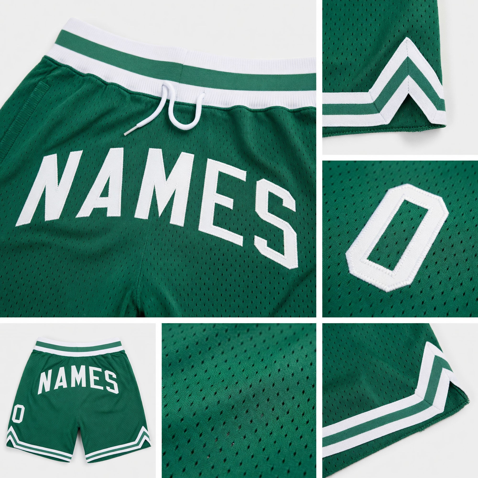 Custom Kelly Green White Authentic Throwback Basketball Shorts detail