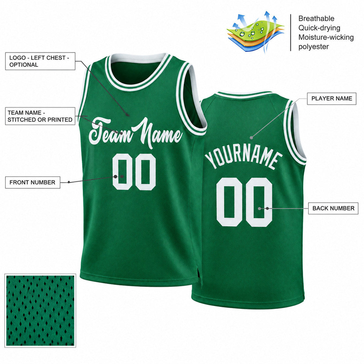 Custom Kelly Green Authentic Throwback Basketball Jersey with White Lettering Design 0065 customization guide
