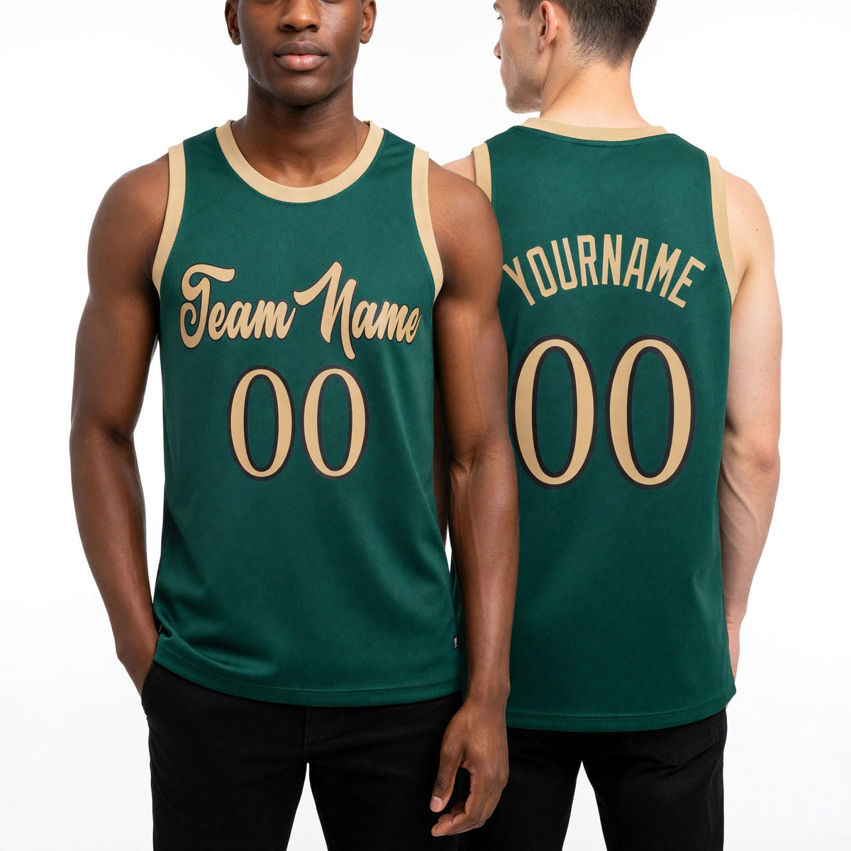 Custom Kelly Green Old Gold-Black Authentic Throwback Basketball Jersey worn front and back
