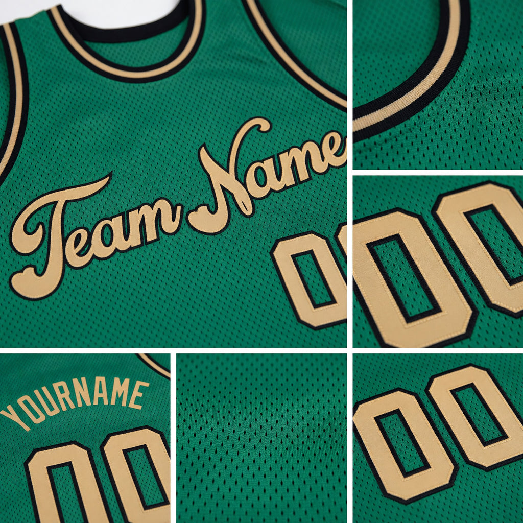 Custom Kelly Green Old Gold-Black Authentic Throwback Basketball Jersey detail
