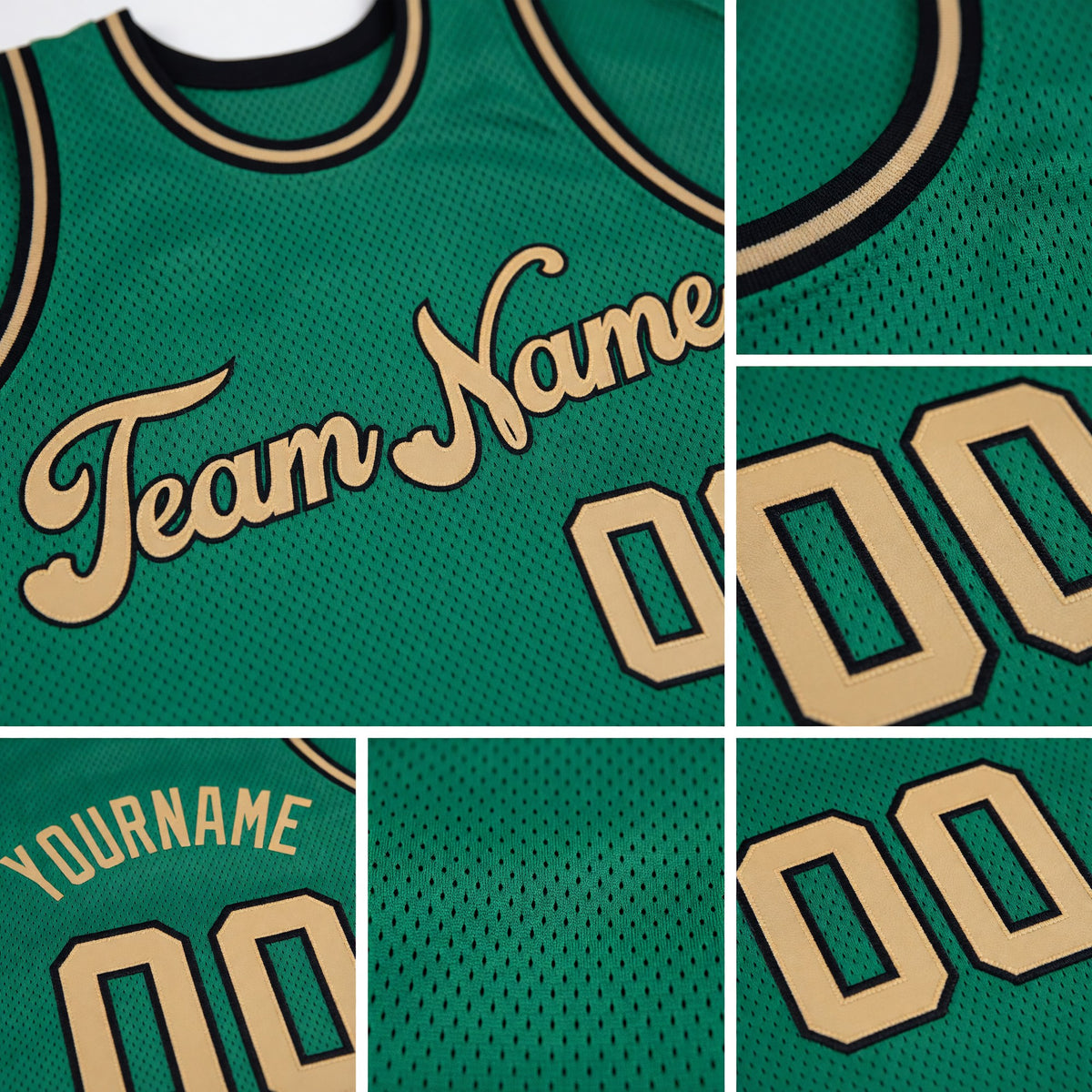 Custom Kelly Green Old Gold-Black Authentic Throwback Basketball Jersey detail