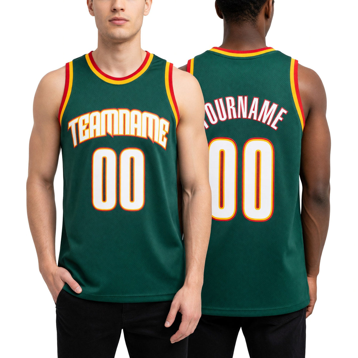 Custom Kelly Green White-Gold Authentic Throwback Basketball Jersey worn front and back