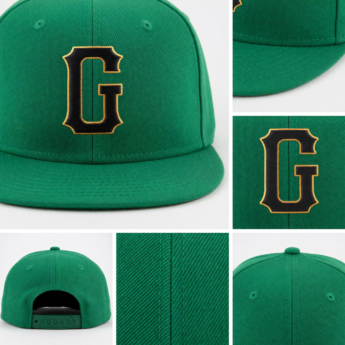 Custom Kelly Green Black-Old Gold Stitched Adjustable Snapback Hat detail