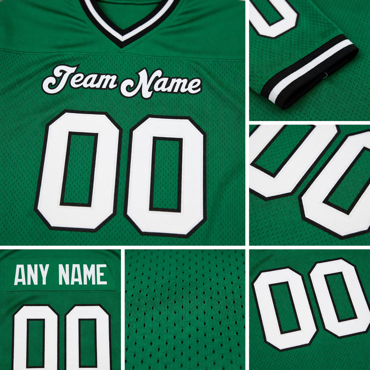 Custom Grass Green White-Black Mesh Authentic Throwback Football Jersey detail