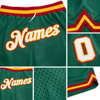 Custom Kelly Green White-Gold Authentic Throwback Basketball Shorts detail