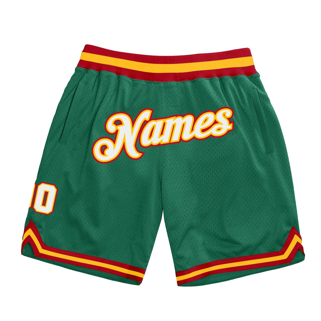 Custom Kelly Green White-Gold Authentic Throwback Basketball Shorts photo 1