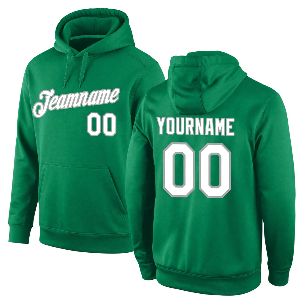 Custom Stitched Kelly Green White-Gray Sports Pullover Sweatshirt Hoodie