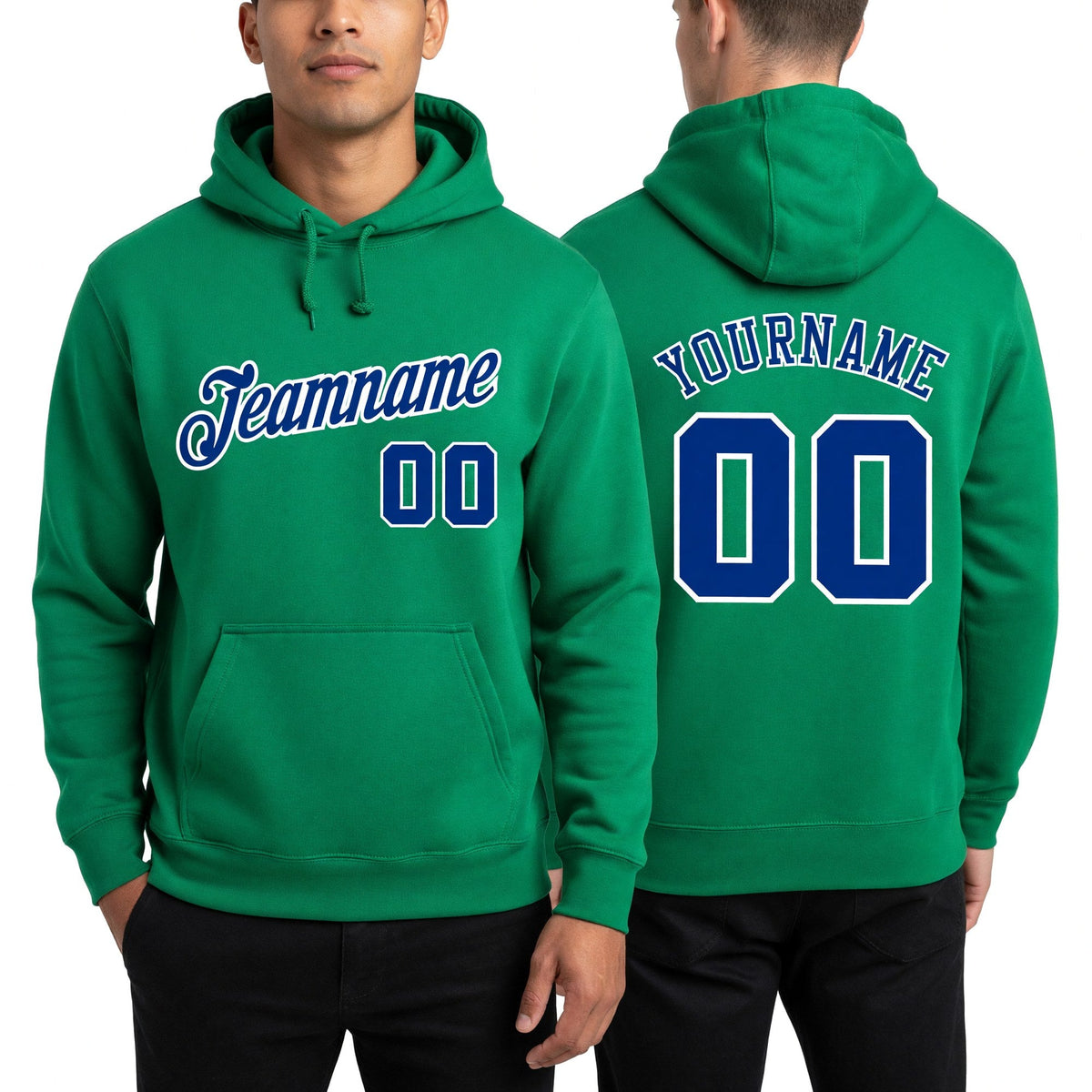 Custom Stitched Kelly Green Royal-White Sports Pullover Sweatshirt Hoodie worn front and back