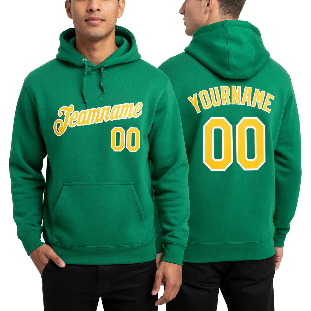 Custom Stitched Kelly Green Gold-White Sports Pullover Sweatshirt Hoodie worn front and back
