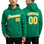 Custom Stitched Kelly Green Gold-White Sports Pullover Sweatshirt Hoodie worn front and back