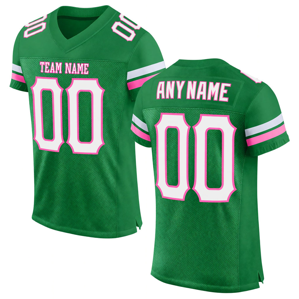 Custom Grass Green White-Pink Mesh Authentic Football Jersey