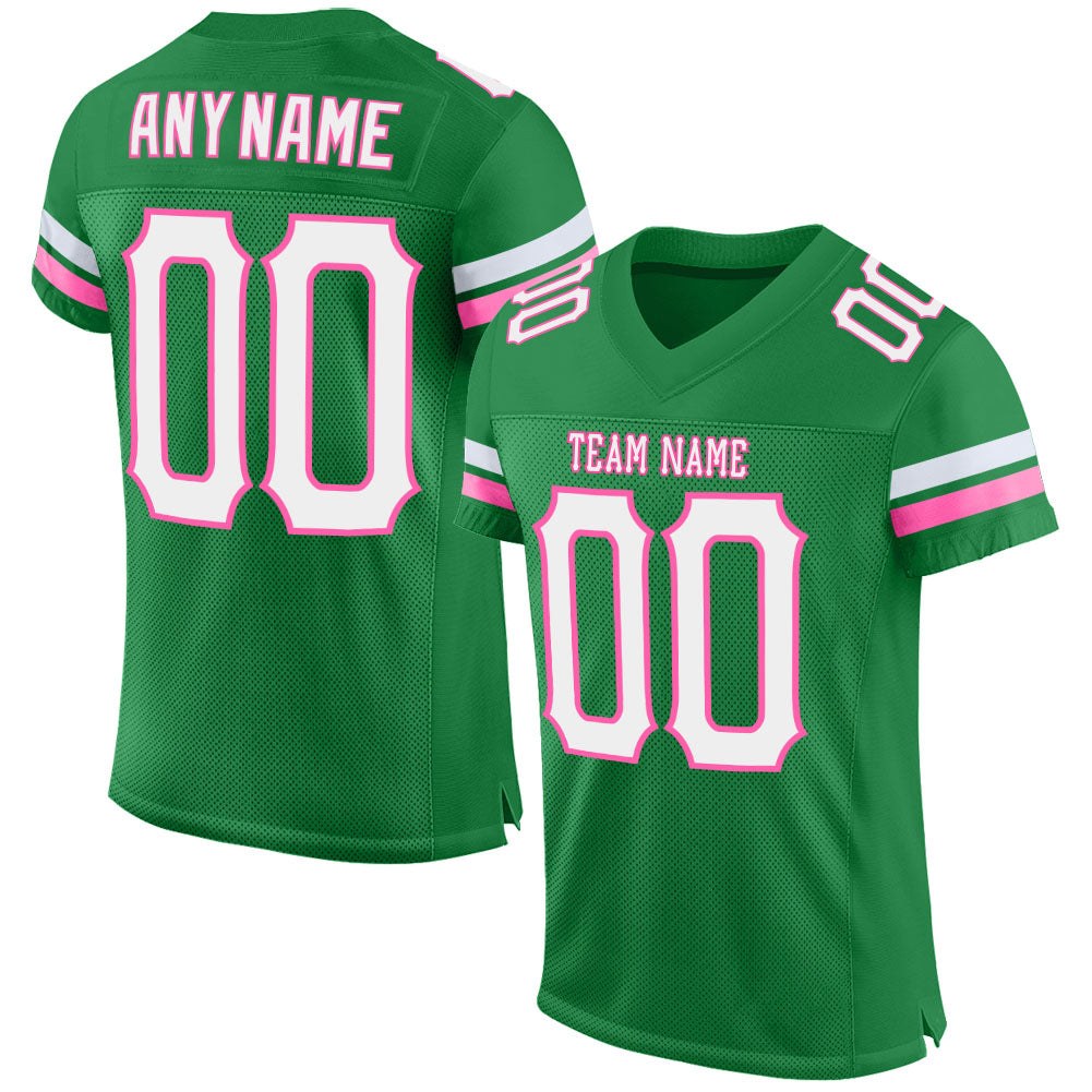 Custom Grass Green White-Pink Mesh Authentic Football Jersey photo 1