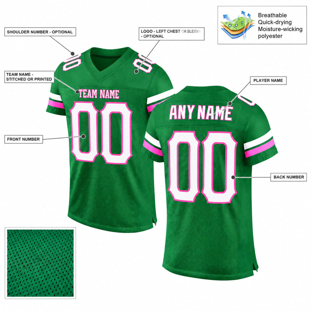 Custom Grass Green Mesh Authentic Football Jersey with White and Pink Lettering Design 0135 customization guide