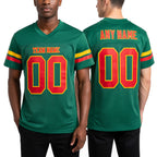 Custom Grass Green Red-Gold Mesh Authentic Football Jersey worn front and back