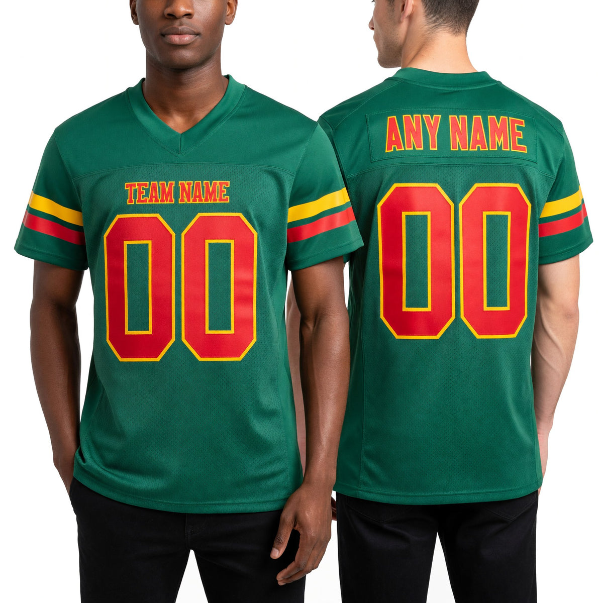 Custom Grass Green Red-Gold Mesh Authentic Football Jersey worn front and back