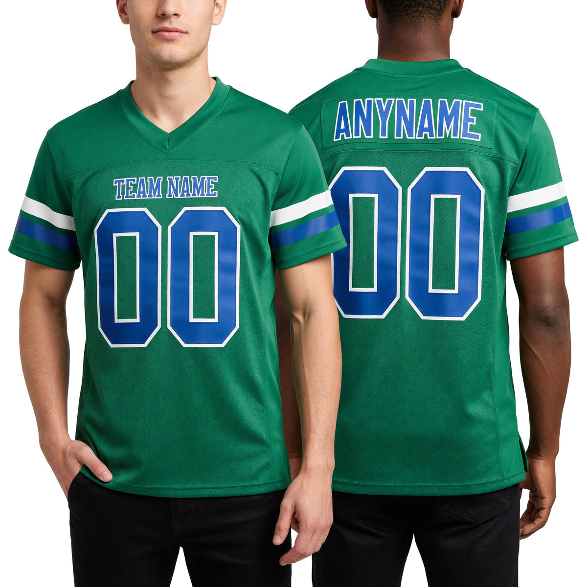 Custom Grass Green Royal-White Mesh Authentic Football Jersey worn front and back