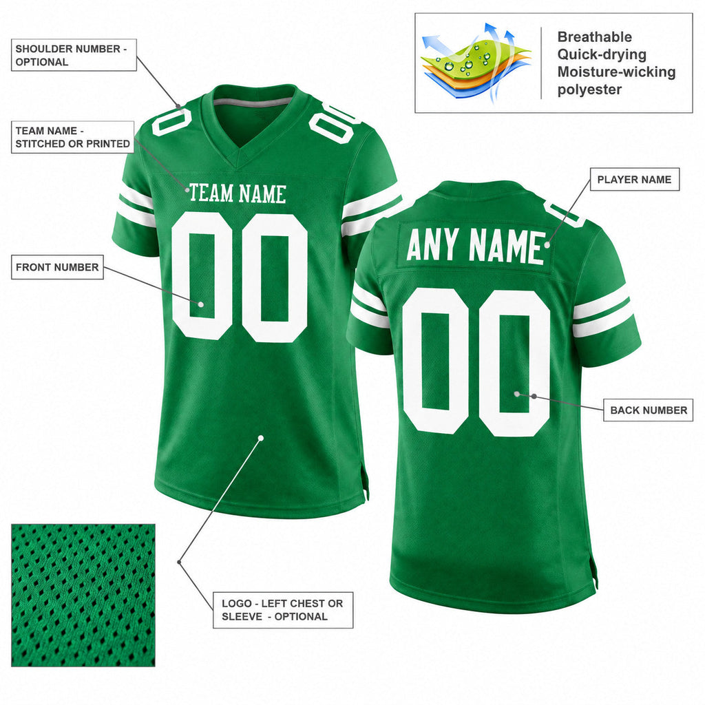 Custom Grass Green Mesh Authentic Football Jersey with White Lettering customization guide