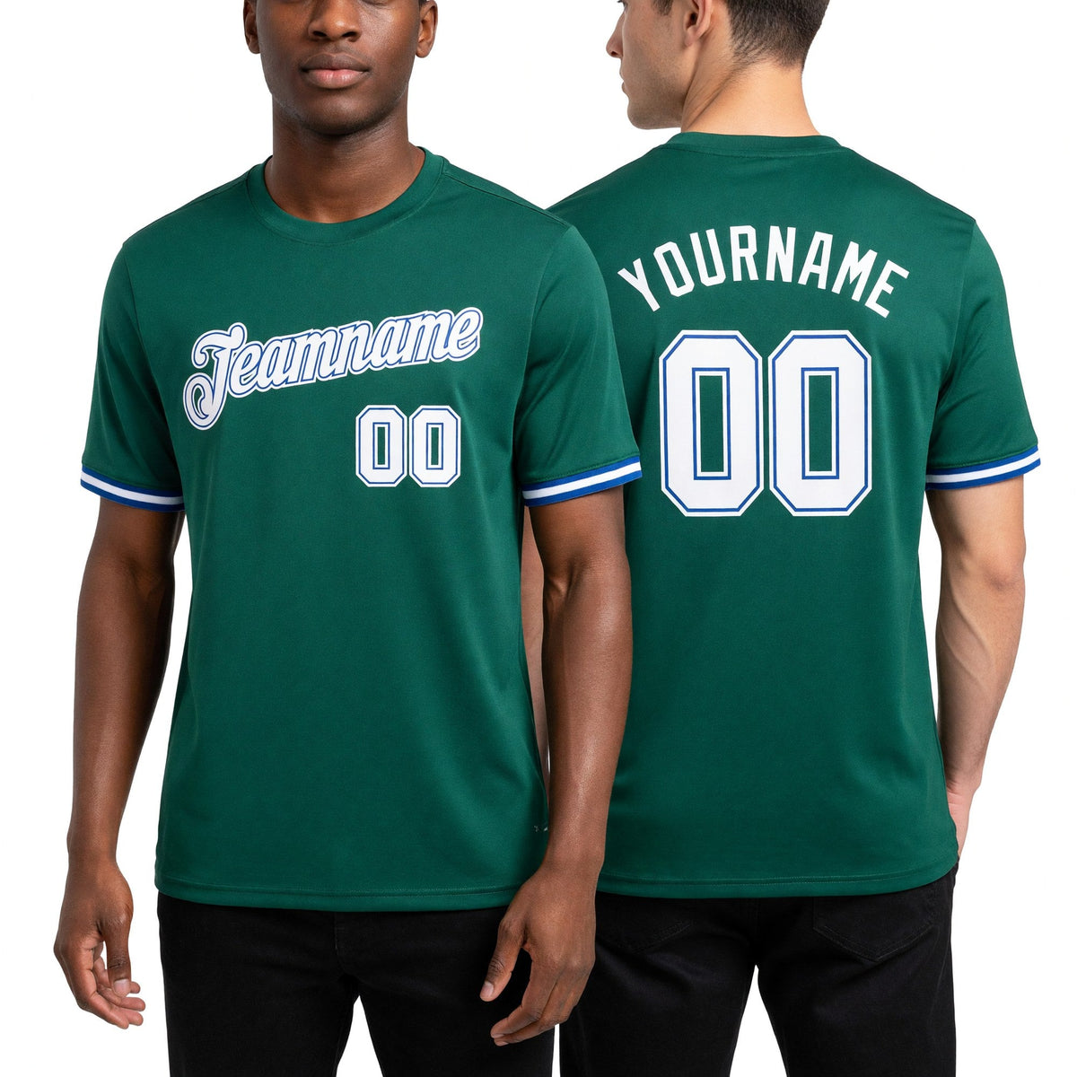Custom Kelly Green White-Royal Performance T-Shirt worn front and back