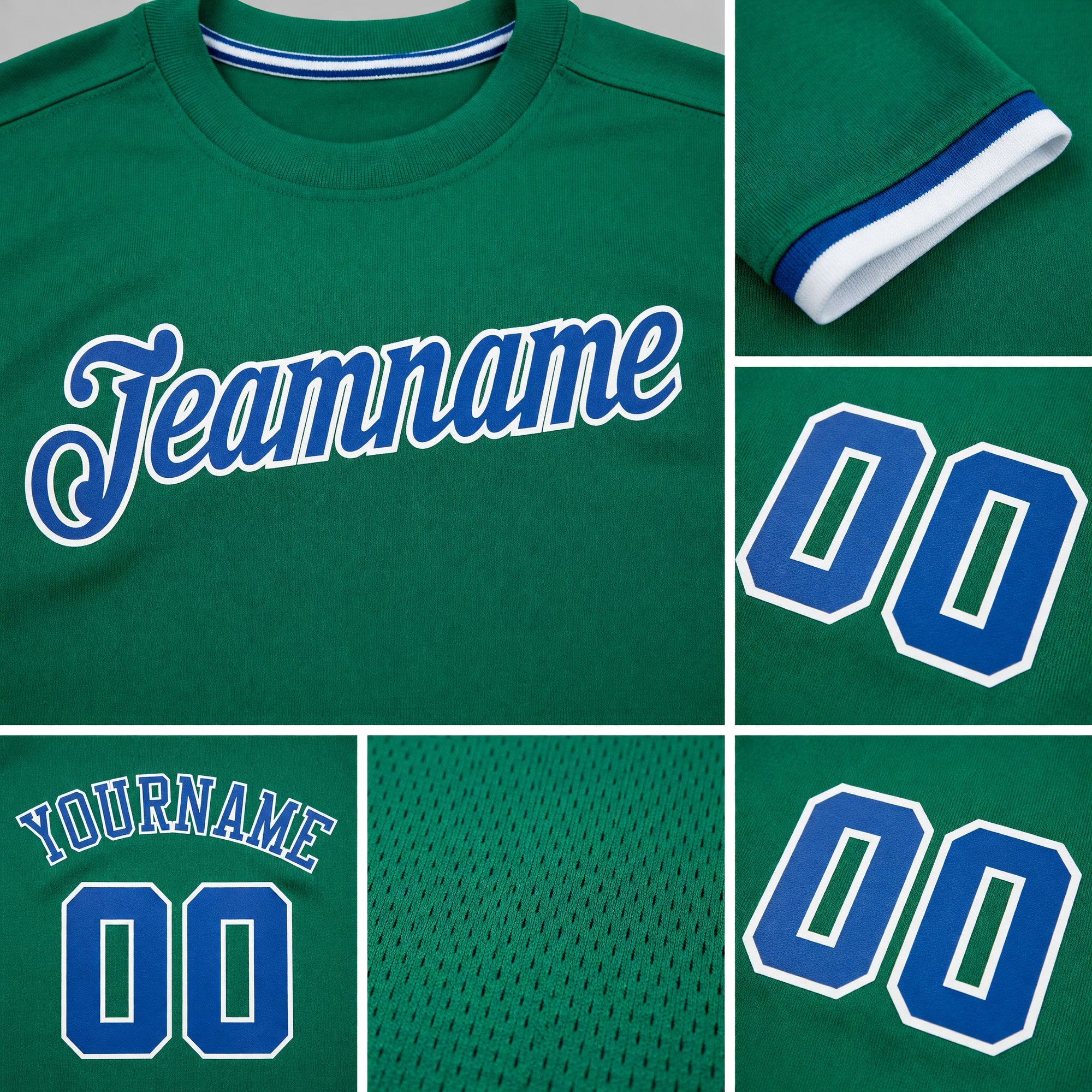 Custom Kelly Green Royal-White Performance T-Shirt detail