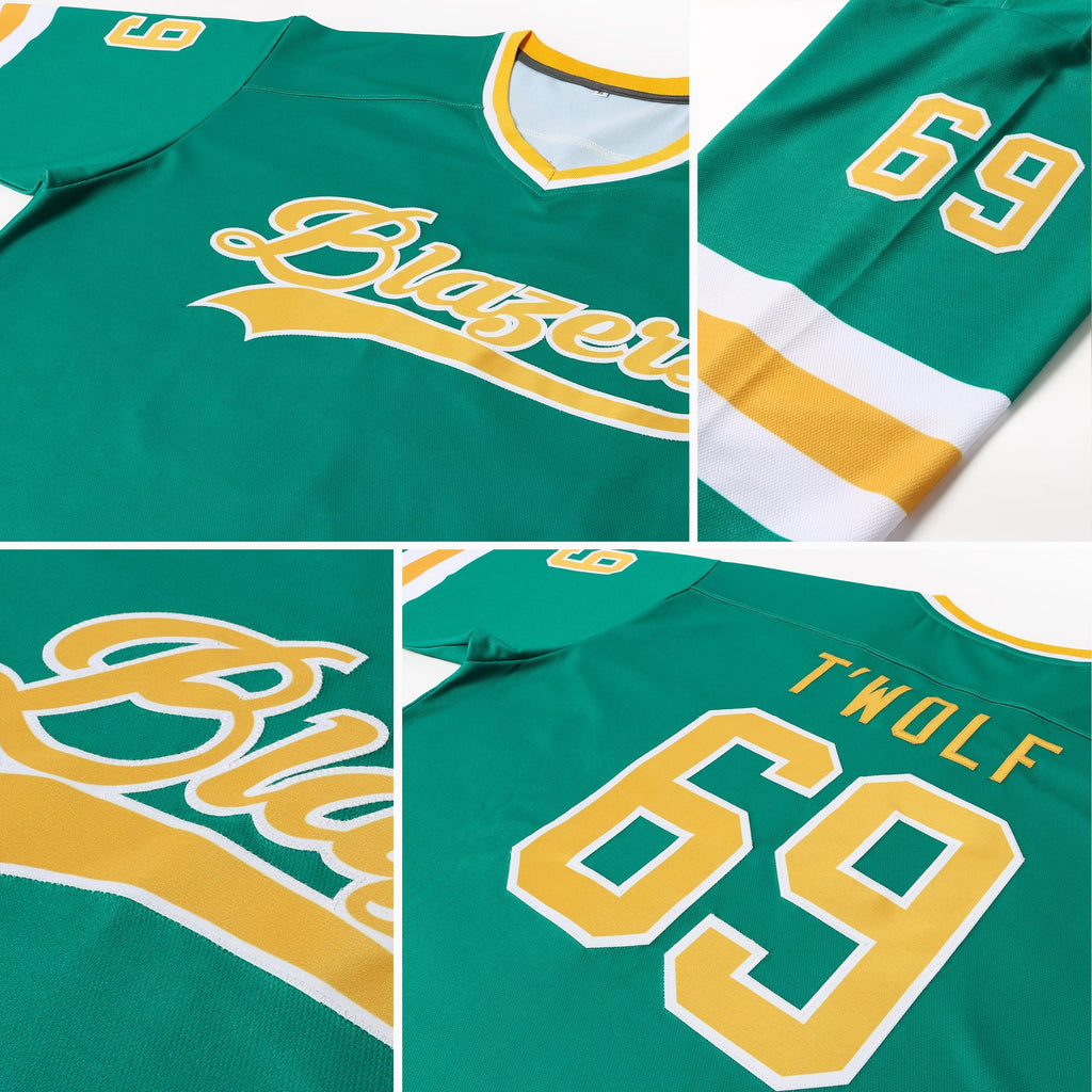 Custom Kelly Green Gold-White Hockey Jersey photo 4