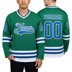 Custom Kelly Green Royal-White Hockey Jersey worn front and back