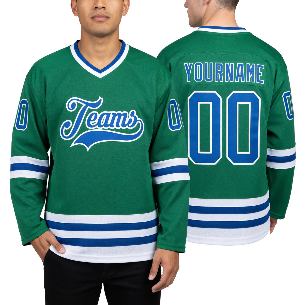 Custom Kelly Green Royal-White Hockey Jersey worn front and back
