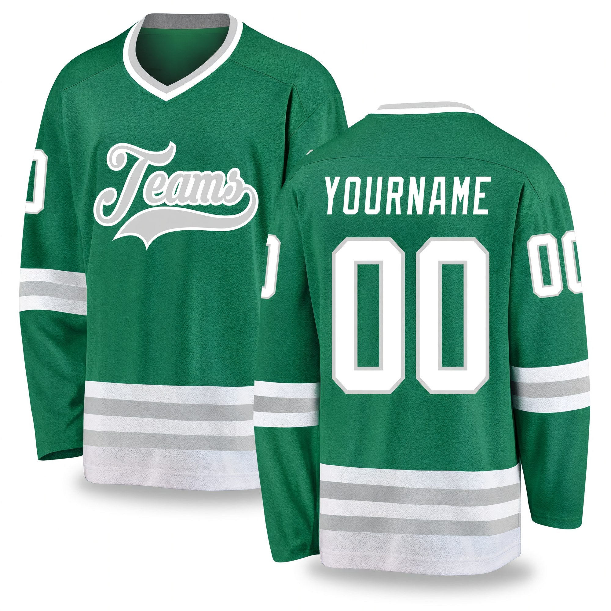 Custom Kelly Green White-Gray Hockey Jersey