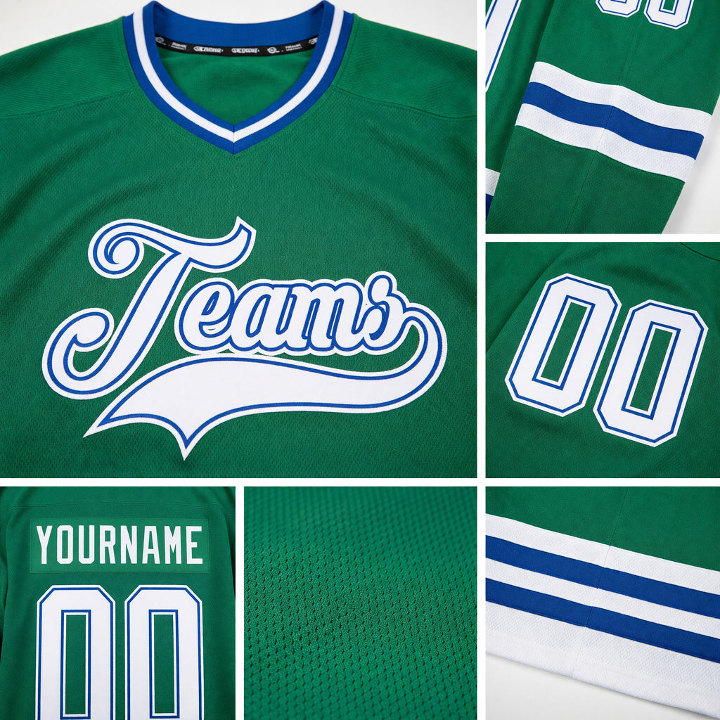 Custom Kelly Green White-Royal Hockey Jersey detail