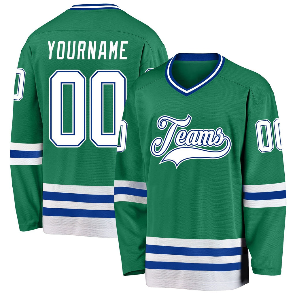 Custom Kelly Green White-Royal Hockey Jersey photo 4