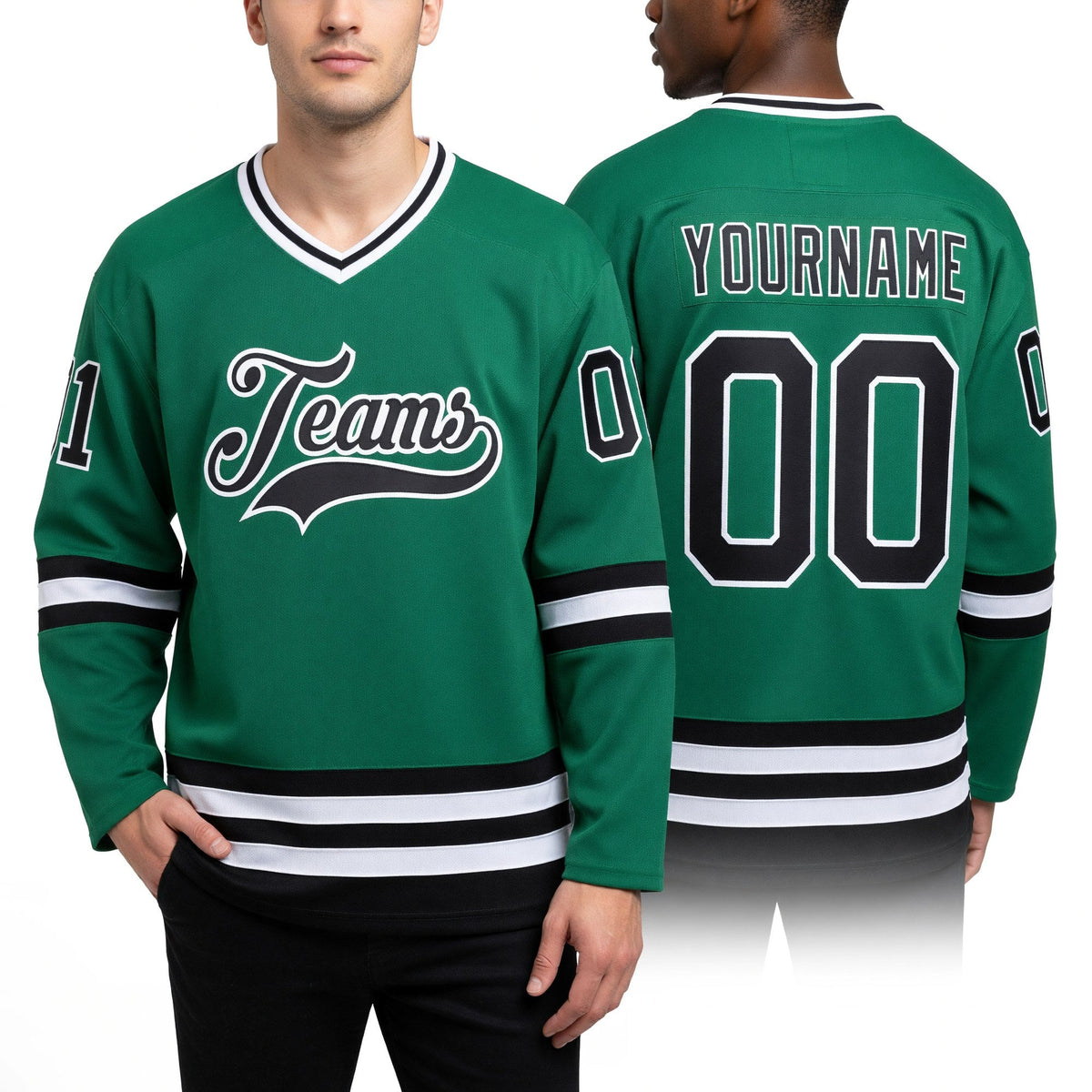 Custom Kelly Green Black-White Hockey Jersey worn front and back
