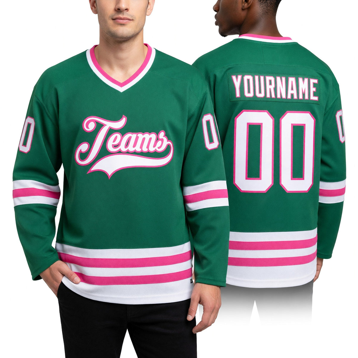 Custom Kelly Green White-Pink Hockey Jersey worn front and back