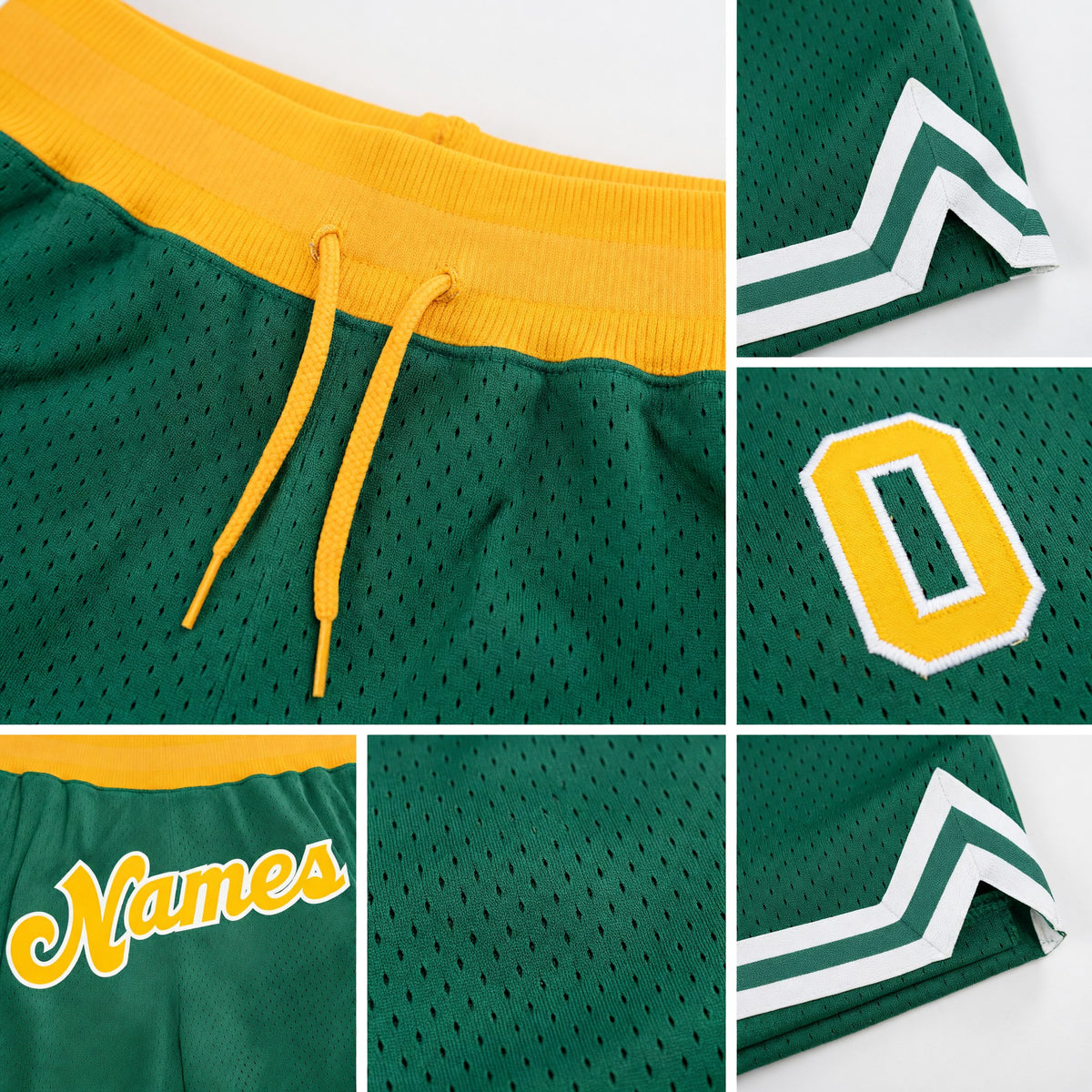 Custom Kelly Green Gold-White Authentic Throwback Basketball Shorts detail