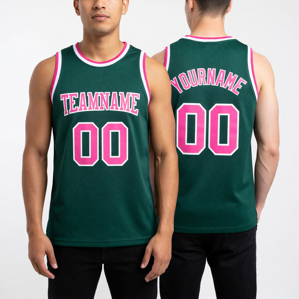 Custom Kelly Green Pink-White Authentic Throwback Basketball Jersey worn front and back