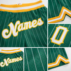 Custom Kelly Green White Pinstripe White-Gold Authentic Basketball Shorts detail