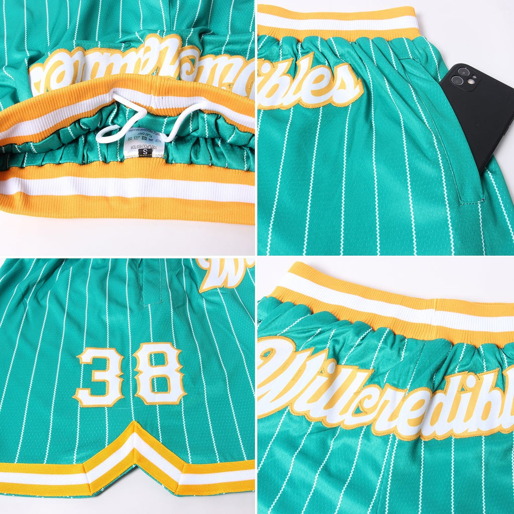 Custom Kelly Green White Pinstripe White-Gold Authentic Basketball Shorts photo 3