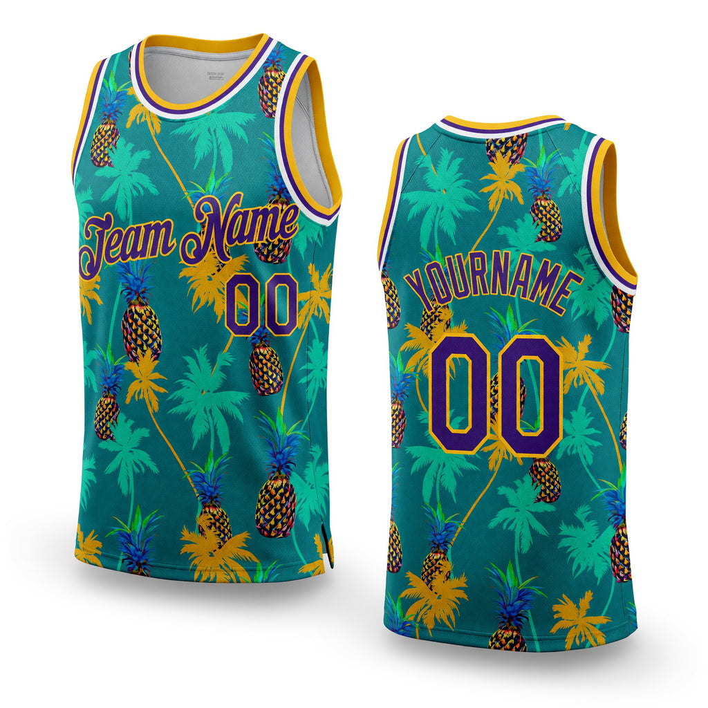 Custom Kelly Green Purple-Gold 3D Pattern Hawaii Palm Trees Pineapples Authentic Basketball Jersey