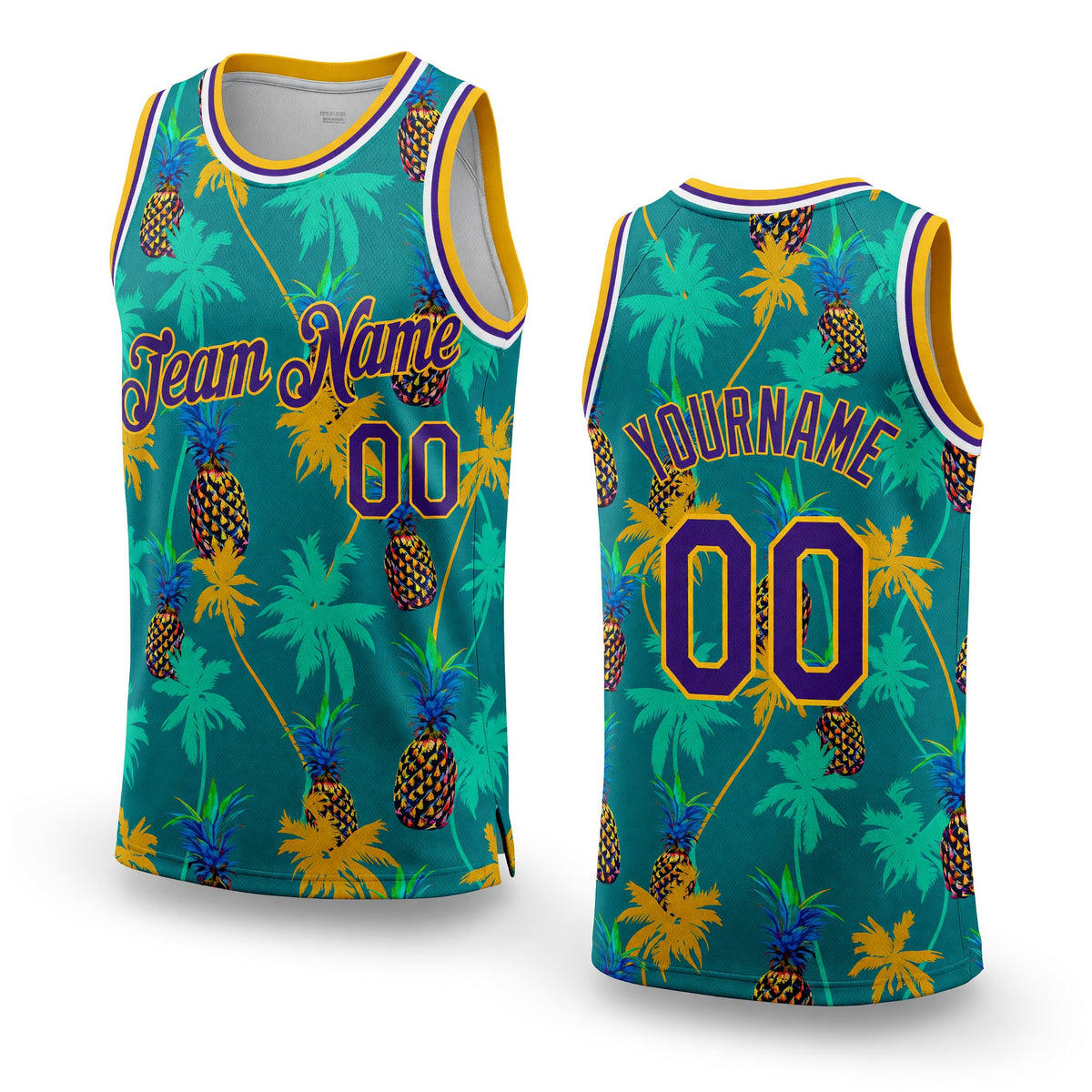 Custom Kelly Green Purple-Gold 3D Pattern Hawaii Palm Trees Pineapples Authentic Basketball Jersey