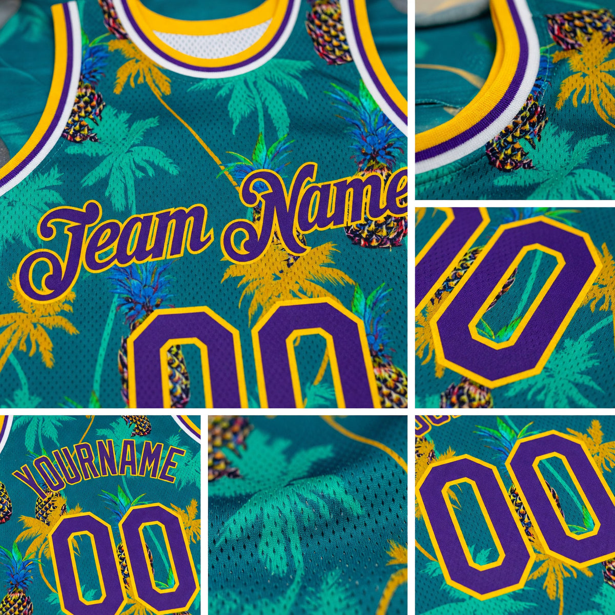 Custom Kelly Green Purple-Gold 3D Pattern Hawaii Palm Trees Pineapples Authentic Basketball Jersey detail
