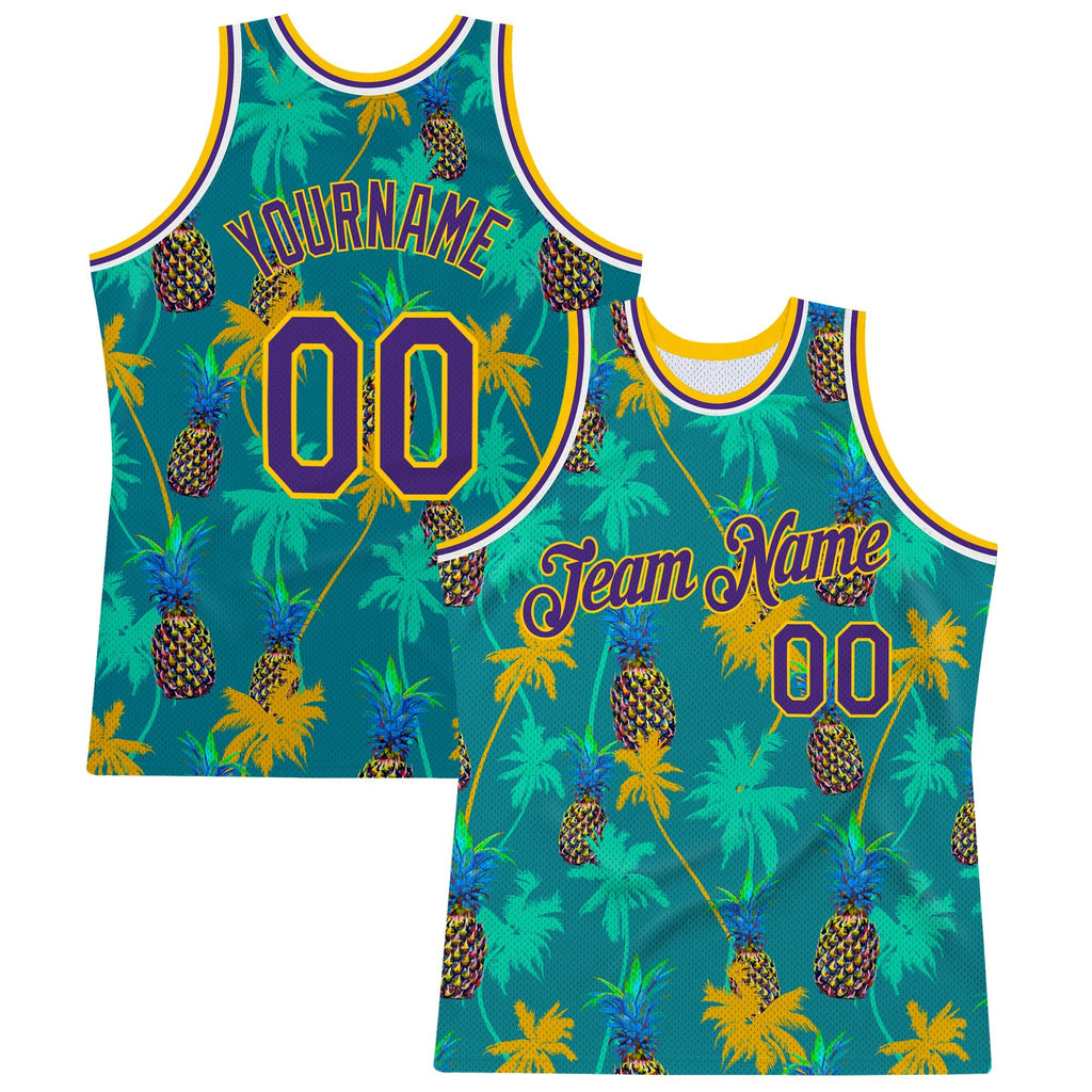 Custom Kelly Green Purple-Gold 3D Pattern Hawaii Palm Trees Pineapples Authentic Basketball Jersey photo 1
