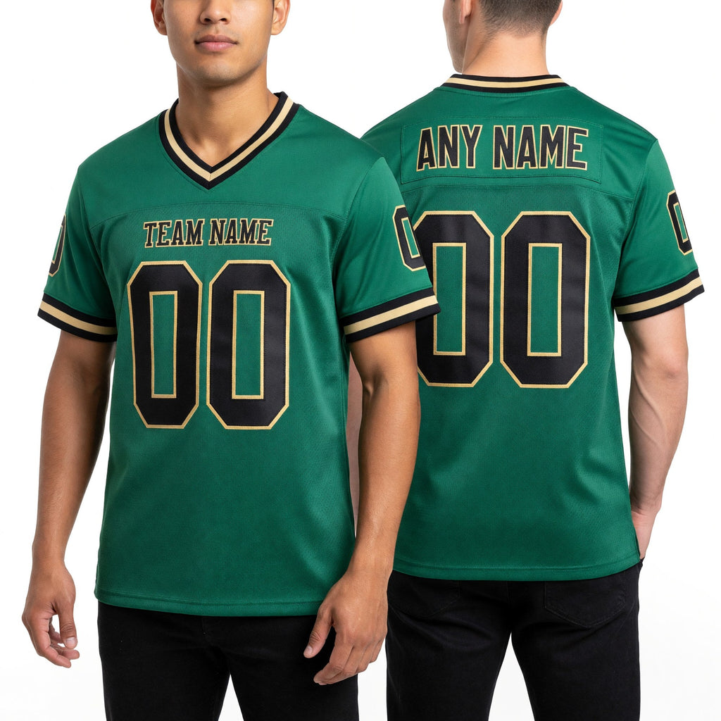 Custom Grass Green Black-Old Gold Mesh Authentic Throwback Football Jersey worn front and back