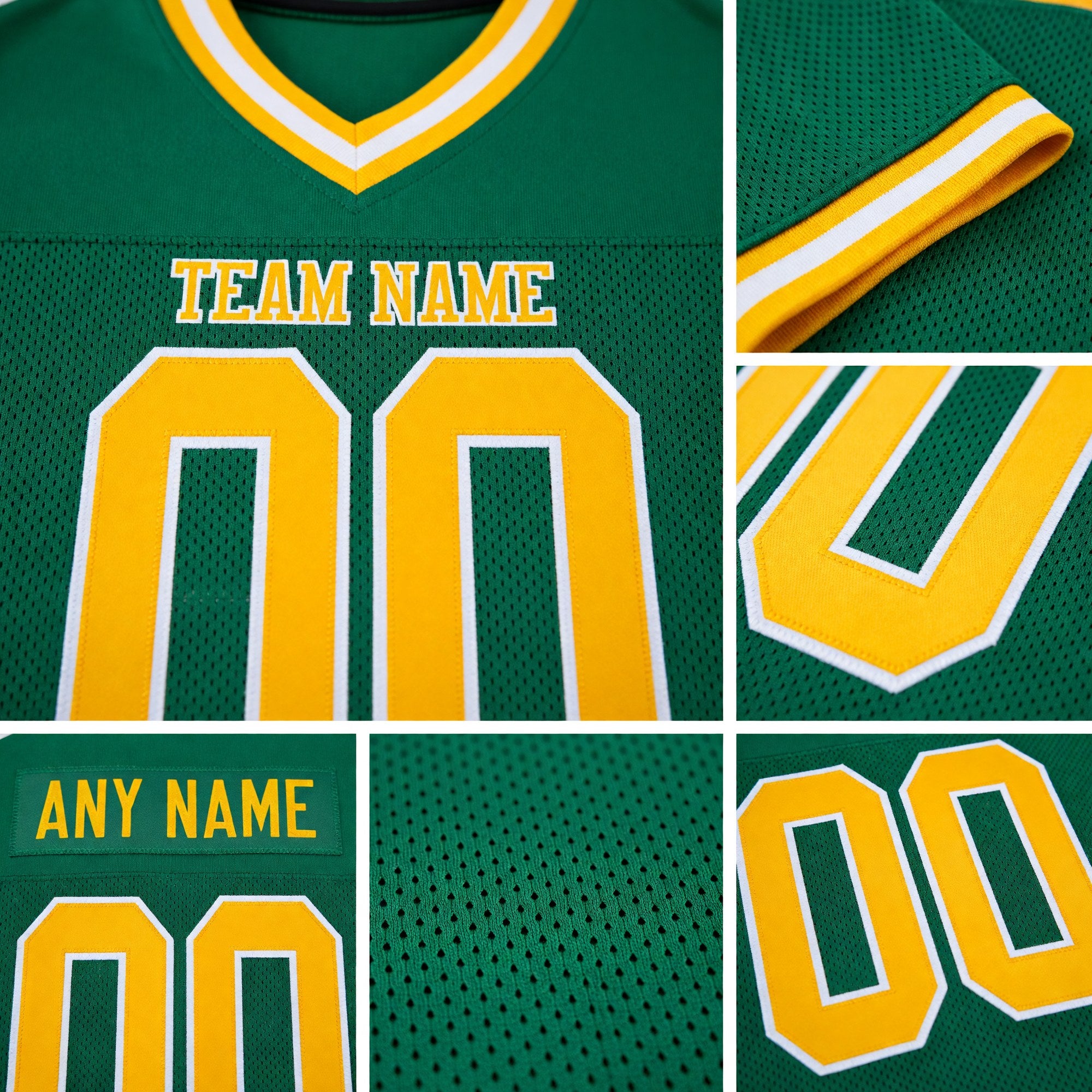 Custom Grass Green Gold-White Mesh Authentic Throwback Football Jersey detail