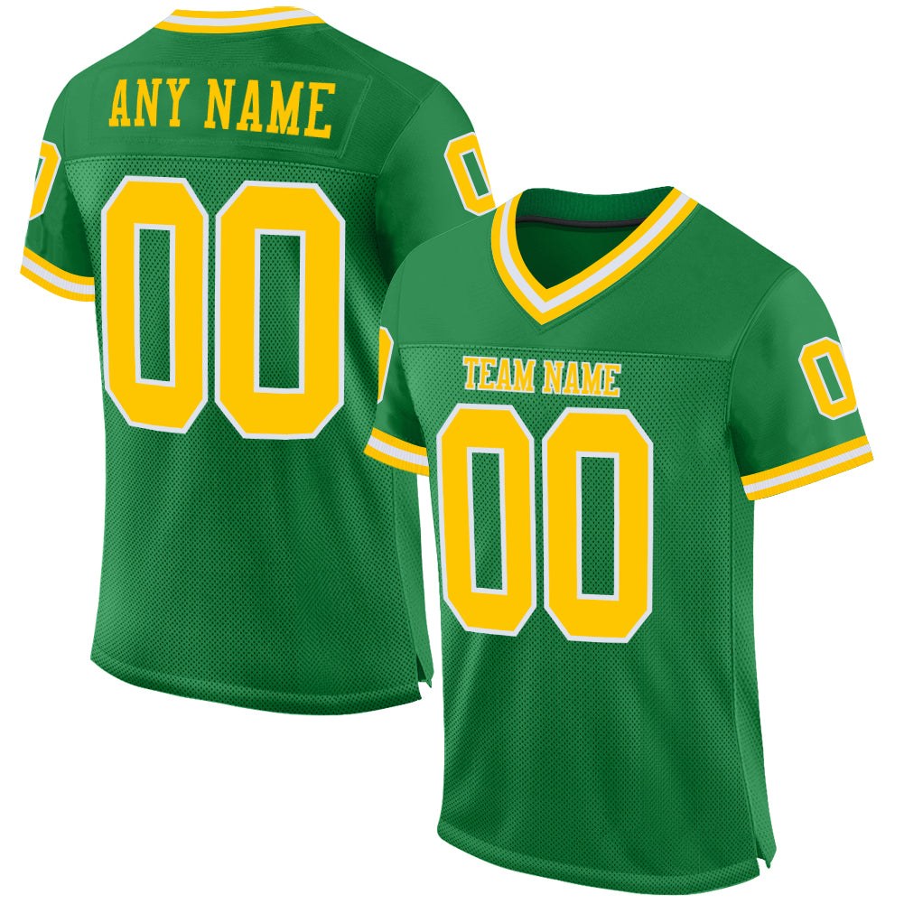 Custom Grass Green Gold-White Mesh Authentic Throwback Football Jersey photo 1