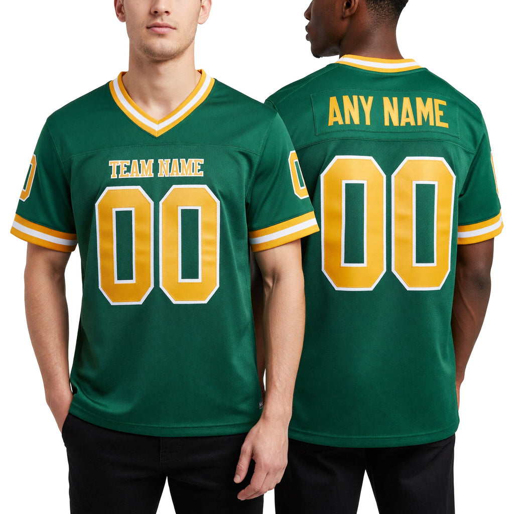 Custom Grass Green Old Gold-White Mesh Authentic Throwback Football Jersey worn front and back