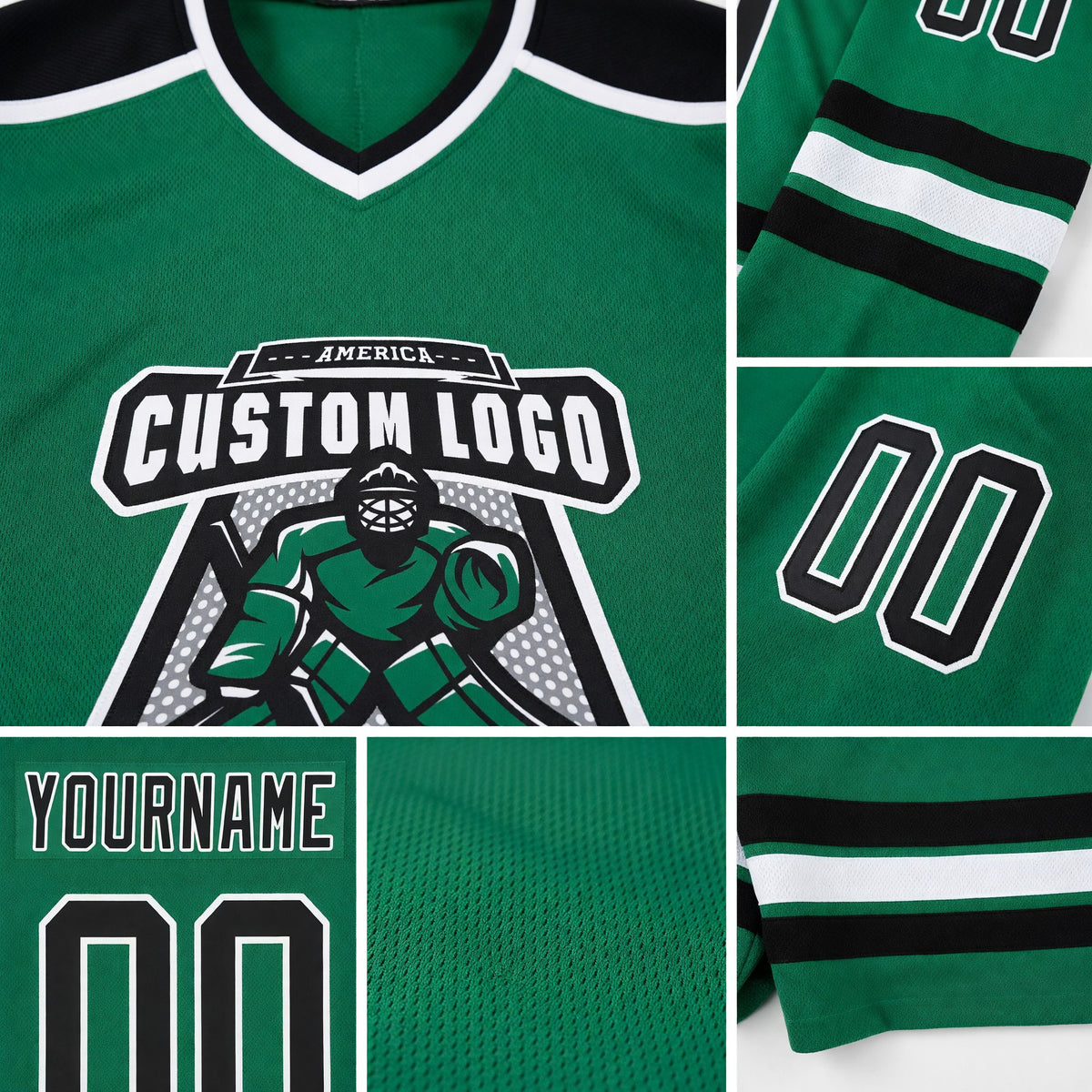 Custom Kelly Green Black-White Hockey Jersey detail