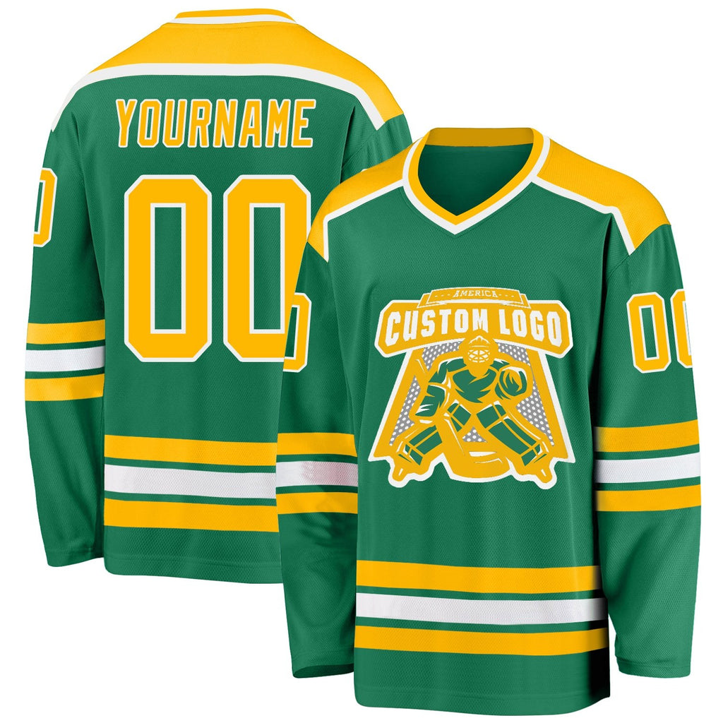 Custom Kelly Green Gold-White Hockey Jersey photo 1