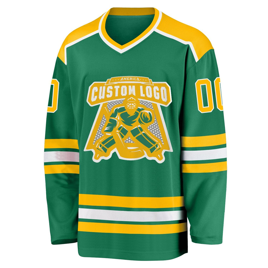 Custom Kelly Green Gold-White Hockey Jersey photo 2