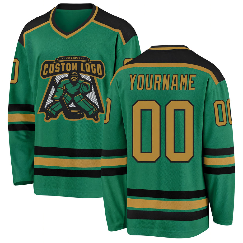 Custom Kelly Green Old Gold-Black Hockey Jersey